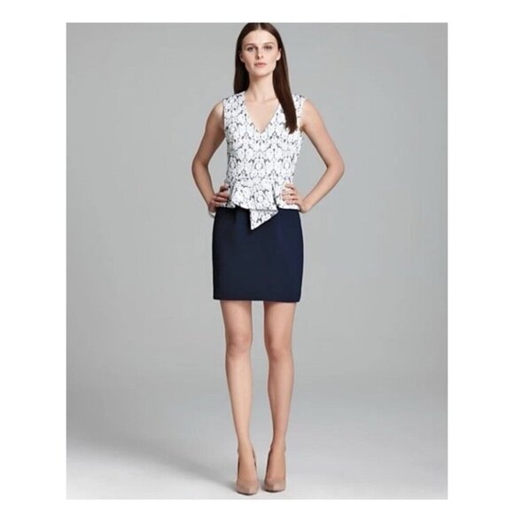 BLACK HALO dress shift sheat mini peplum floral brocade career business blue 2 - Picture 1 of 8